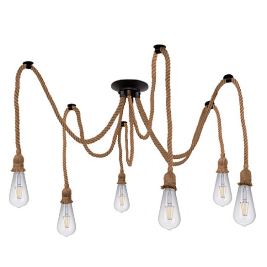 GloboStar® ATROX 01547 Vintage Φωτιστικό Οροφής Πολύφωτο 6 x E27 Μαύρο με 6x2 Μέτρα Μπεζ Σχοινί