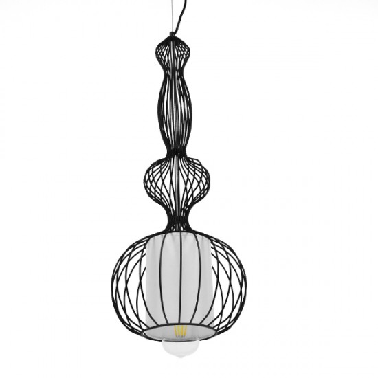 GloboStar® LILY 01560 Vintage Industrial Κρεμαστό Φωτιστικό Οροφής Μονόφωτο Μαύρο Μεταλλικό Πλέγμα και Υφασμάτινο Εσωτερικό Καπέλο Φ25 x Υ67cm