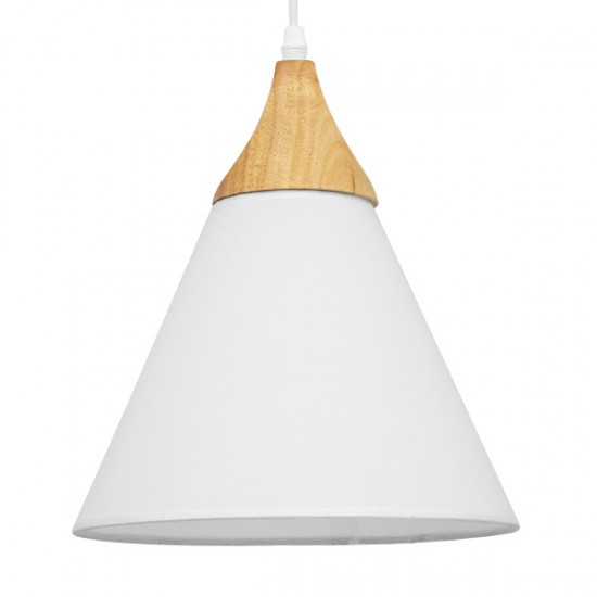 GloboStar® SHADE TEXTILE 01577 Μοντέρνο Κρεμαστό Φωτιστικό Οροφής Μονόφωτο 1 x E27 Λευκό Υφασμάτινο με Ξύλο Καμπάνα Φ25 x 30cm