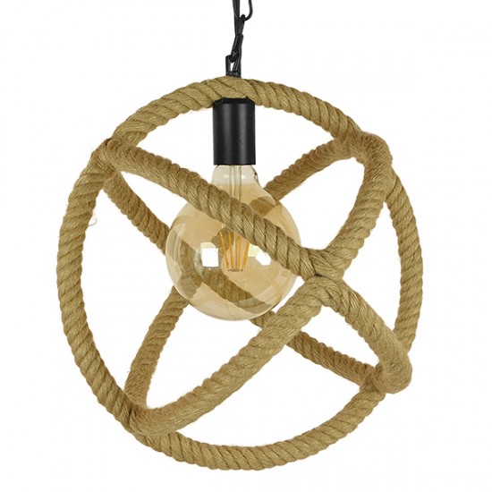 GloboStar® BALANCE 01596 Vintage Κρεμαστό Φωτιστικό Οροφής Μονόφωτο 1 x E27 Μπεζ Μεταλλικό με Σχοινί Φ35 x Υ36cm