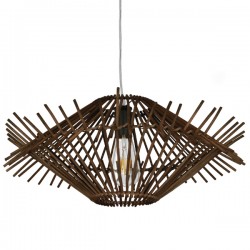 GloboStar® SASSO 01602 Vintage Κρεμαστό Φωτιστικό Οροφής Μονόφωτο 1 x E27 Καφέ Σκούρο Ξύλινο Ψάθινο Μπαμπού Φ50 x Υ23cm