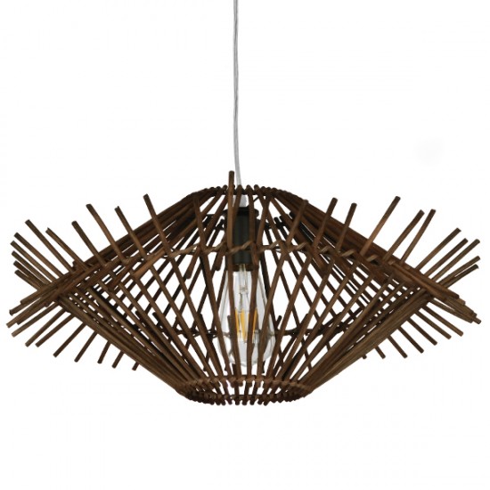 GloboStar® SASSO 01602 Vintage Κρεμαστό Φωτιστικό Οροφής Μονόφωτο 1 x E27 Καφέ Σκούρο Ξύλινο Ψάθινο Μπαμπού Φ50 x Υ23cm
