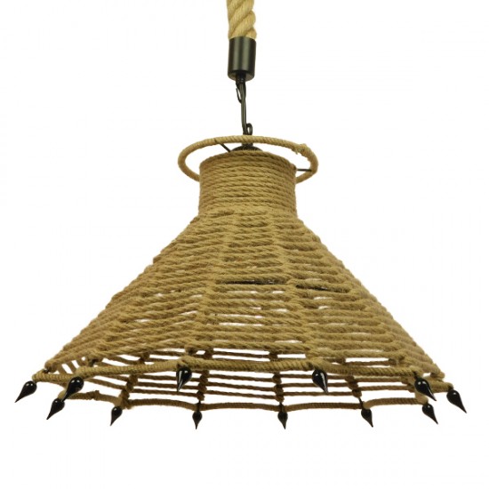 GloboStar® OZERO 01603 Vintage Κρεμαστό Φωτιστικό Οροφής Μονόφωτο 1 x E27 Μπεζ Καμπάνα με Σχοινί Φ41 x Υ28cm