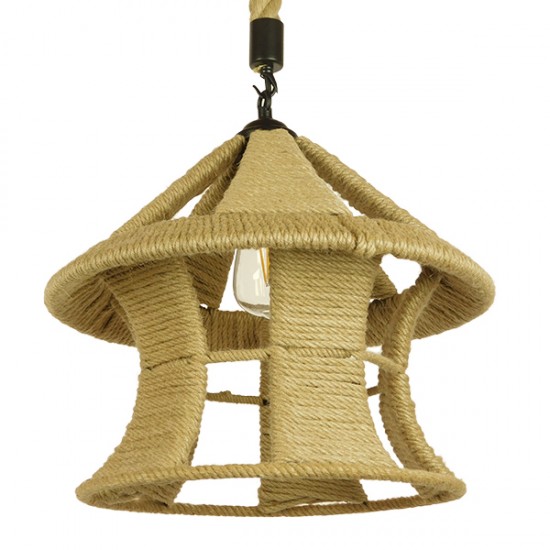 GloboStar® SOLITARIO 01606 Vintage Κρεμαστό Φωτιστικό Οροφής Μονόφωτο 1 x E27 Μπεζ Καμπάνα με Σχοινί Φ36 x Υ30cm