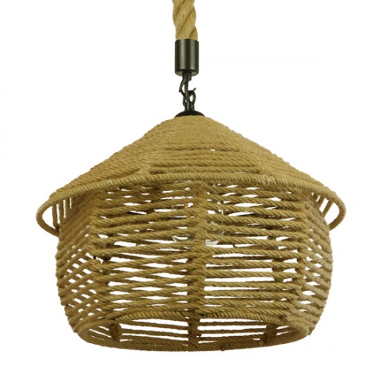 GloboStar® SPIRIT 01607 Vintage Κρεμαστό Φωτιστικό Οροφής Μονόφωτο 1 x E27 Πλέγμα με Μπεζ Σχοινί Φ35 x Υ30cm