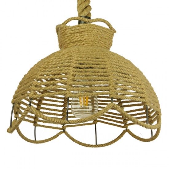 GloboStar® VENIER 01610 Vintage Κρεμαστό Φωτιστικό Οροφής Μονόφωτο 1 x E27 Πλέγμα με Μπεζ Σχοινί Φ35 x Υ26cm