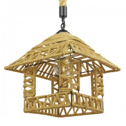 GloboStar® SPIKY 01613 Vintage Κρεμαστό Φωτιστικό Οροφής Μονόφωτο 1 x E27 Πλέγμα με Μπεζ Σχοινί Φ43 x Υ28cm