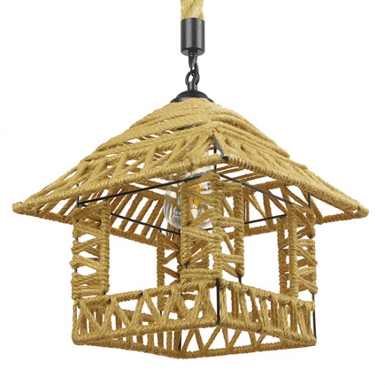 GloboStar® SPIKY 01613 Vintage Κρεμαστό Φωτιστικό Οροφής Μονόφωτο 1 x E27 Πλέγμα με Μπεζ Σχοινί Φ43 x Υ28cm