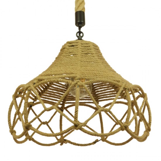 GloboStar® TESSUTI 01614 Vintage Κρεμαστό Φωτιστικό Οροφής Μονόφωτο 1 x E27 Πλέγμα με Μπεζ Σχοινί Φ39 x Υ31cm