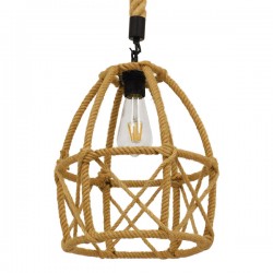 GloboStar® TELAN 01615 Vintage Κρεμαστό Φωτιστικό Οροφής Μονόφωτο 1 x E27 Πλέγμα με Μπεζ Σχοινί Φ30 x Υ38cm