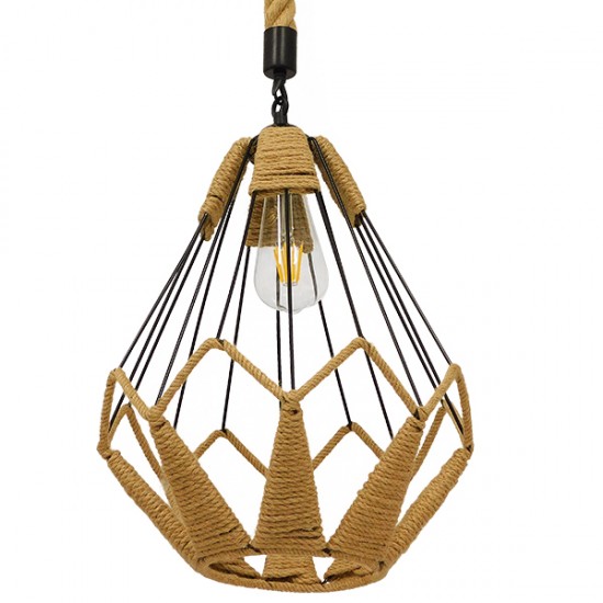 GloboStar® CONICAL 01617 Vintage Κρεμαστό Φωτιστικό Οροφής Μονόφωτο 1 x E27 Πλέγμα με Μπεζ Σχοινί Φ30 x Υ40cm