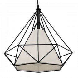 GloboStar® KAIRI 01618 Μοντέρνο Industrial Κρεμαστό Φωτιστικό Οροφής Μονόφωτο 1 x E27 Μαύρο με Άσπρο Ύφασμα Μεταλλικό Πλέγμα Φ38 x Υ39cm