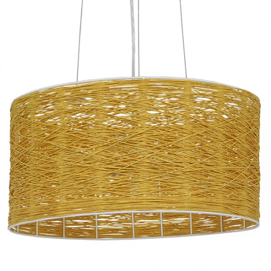 GloboStar® INCASS 01630 Vintage Κρεμαστό Φωτιστικό Οροφής Τρίφωτο 3 x E27 Καφέ Ξύλινο Rattan Φ40 x Υ22cm