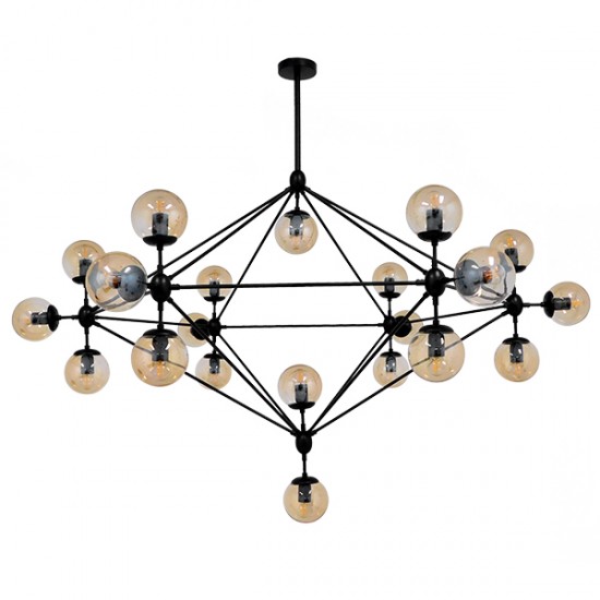 GloboStar® SENTINEL 01638 Μοντέρνο Industrial Κρεμαστό Φωτιστικό Οροφής Πολύφωτο 21 x E27 Μαύρο Μεταλλικό Πολυέλαιος με Μελί Γυαλί Φ170 x Υ136cm