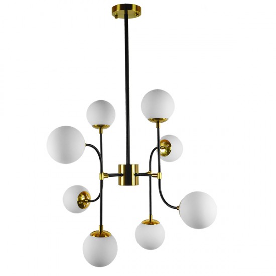 GloboStar® STARDUST 01649 Vintage Industrial Φωτιστικό Οροφής Πολύφωτο 8 x E27 Μαύρο - Χρυσό Μεταλλικό Πολυέλαιος με Γυάλινες Μπάλες Λευκό Ματ Πλέγμα Φ75 x Y100cm