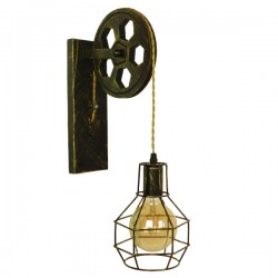 GloboStar® RYDON 01659 Vintage Industrial Φωτιστικό Τοίχου Απλίκα Μονόφωτο Μπρούτζινο Ξύλινο Μεταλλικό Πλέγμα Φ15 x Y70cm