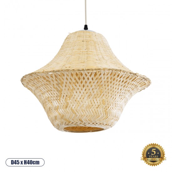 GloboStar® JUNIPER 01737 Boho Κρεμαστό Φωτιστικό Οροφής Μονόφωτο 1 x E27 AC220-240V IP20 - Φ45 x Υ40cm - Μπεζ Ξύλινο Μπαμπού Πλέγμα Καμπάνα - 5 Χρόνια Εγγύηση