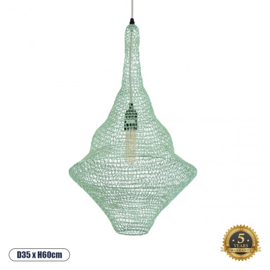 GloboStar® KENTUCKY 01873 Vintage Κρεμαστό Φωτιστικό Οροφής Μονόφωτο 1 x E27 AC220-240V IP20 - Φ35 x Υ60cm - Τιρκουάζ Μεταλλικό Πλέγμα - 5 Χρόνια Εγγύηση