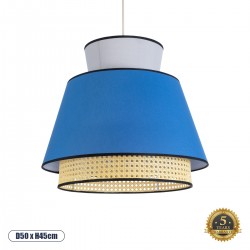 GloboStar® SAIGE 01918 Boho Κρεμαστό Φωτιστικό Οροφής Μονόφωτο 1 x E27 AC220-240V IP20 - Φ50 x Υ45cm - Μπεζ Μπαμπού Πλέγμα με Μπλε και Γκρι Υφασμάτινο Καπέλο - 5 Χρόνια Εγγύηση