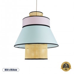 GloboStar® SAIGE 01920 Boho Κρεμαστό Φωτιστικό Οροφής Μονόφωτο 1 x E27 AC220-240V IP20 - Φ50 x Υ54cm - Μπεζ Ξύλινο με Ροζ Γαλάζιο και Μαύρες Λεπτομέρειες Πλέγμα - 5 Χρόνια Εγγύηση