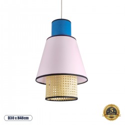 GloboStar® SAIGE 01921 Boho Κρεμαστό Φωτιστικό Οροφής Μονόφωτο 1 x E27 AC220-240V IP20 - Φ30 x Υ48cm - Μπεζ Μπαμπού Πλέγμα με Ροζ και Μπλε Υφασμάτινο Καπέλο - 5 Χρόνια Εγγύηση