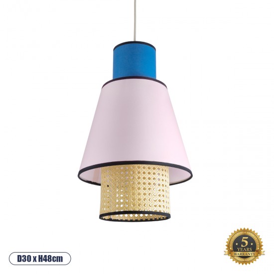 GloboStar® SAIGE 01921 Boho Κρεμαστό Φωτιστικό Οροφής Μονόφωτο 1 x E27 AC220-240V IP20 - Φ30 x Υ48cm - Μπεζ Μπαμπού Πλέγμα με Ροζ και Μπλε Υφασμάτινο Καπέλο - 5 Χρόνια Εγγύηση