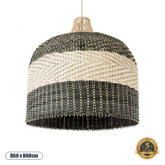 GloboStar® BARBADOS 01945 Boho Κρεμαστό Φωτιστικό Οροφής Μονόφωτο 1 x E27 AC220-240V IP20 - Φ60 x Υ60cm - Μπεζ με Χακί Ξύλινο Μπαμπού Πλέγμα Καμπάνα - 5 Χρόνια Εγγύηση