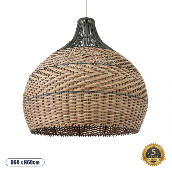 GloboStar® SEYCHELLES 01949 Boho Κρεμαστό Φωτιστικό Οροφής Μονόφωτο 1 x E27 AC220-240V IP20 - Φ60 x Υ60cm - Μπεζ με Καφέ & Χακί Ξύλινο Μπαμπού Πλέγμα Καμπάνα - 5 Χρόνια Εγγύηση