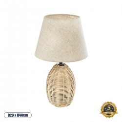 GloboStar® HASUMI 01956 Boho Επιτραπέζιο Φωτιστικό Πορτατίφ Μονόφωτο 1 x E27 AC220-240V IP20 - Φ23 x Υ40cm - Μπεζ Ξύλινο Ρατάν Πλέγμα με Μπεζ Καπέλο - 5 Χρόνια Εγγύηση