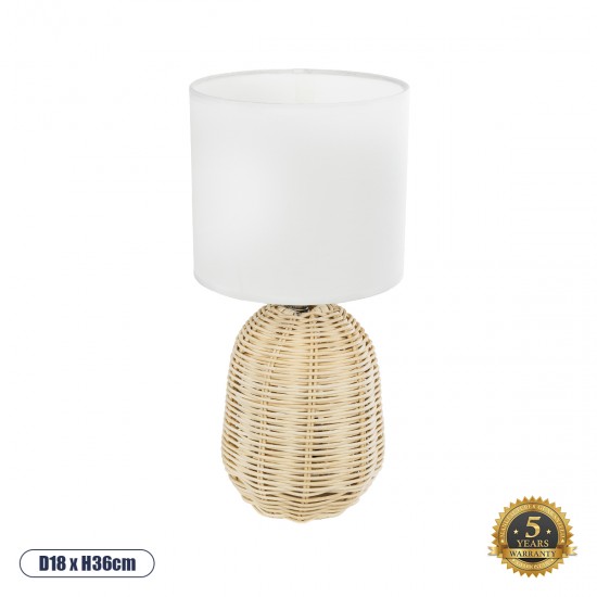 GloboStar® HASUMI 01958 Boho Επιτραπέζιο Φωτιστικό Πορτατίφ Μονόφωτο 1 x E27 AC220-240V IP20 - Φ18 x Υ36cm - Μπεζ Ξύλινο Ρατάν Πλέγμα με Λευκό Καπέλο - 5 Χρόνια Εγγύηση