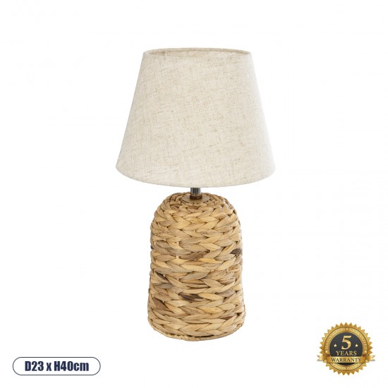 GloboStar® HOLOKAI 01960 Boho Επιτραπέζιο Φωτιστικό Πορτατίφ Μονόφωτο 1 x E27 AC220-240V IP20 - Φ23 x Υ40cm - Μπεζ Φυσική Ράφια Άχυρο Πλέγμα με Μπεζ Καπέλο - 5 Χρόνια Εγγύηση