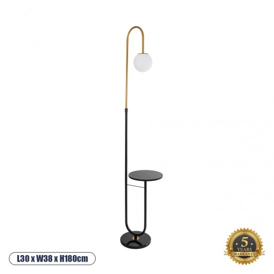 GloboStar® CORDELIA 02024 Μοντέρνο Επιδαπέδιο Φωτιστικό Τραπεζάκι Μονόφωτο 1 x E27 AC220-240V IP20 - Μ30 x Π38 x Υ180cm - Μαύρο με Χρυσό Μεταλλικό & Γυάλινη Γαλακτερή Μπάλα - 5 Χρόνια Εγγύηση