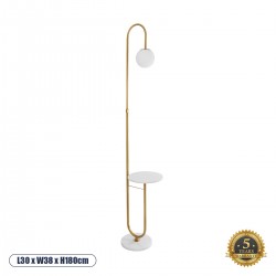 GloboStar® CORDELIA 02025 Μοντέρνο Επιδαπέδιο Φωτιστικό Τραπεζάκι Μονόφωτο 1 x E27 AC220-240V IP20 - Μ30 x Π38 x Υ180cm - Χρυσό με Λευκό Μεταλλικό & Γυάλινη Γαλακτερή Μπάλα - 5 Χρόνια Εγγύηση