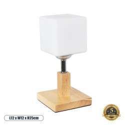 GloboStar® COVE 02037 Μοντέρνο Επιτραπέζιο Φωτιστικό Μονόφωτο 1 x E27 AC220-240V IP20 - Μ12 x Π12 x Υ25cm - Μπεζ Ξύλινο & Γυάλινο Γαλακτερό Κύβο - 5 Χρόνια Εγγύηση