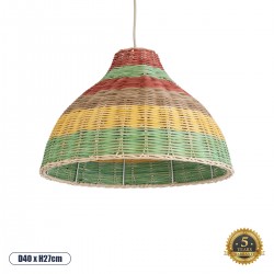 GloboStar® CABALLEROS 02053 Boho Κρεμαστό Φωτιστικό Οροφής Μονόφωτο 1 x E27 AC220-240V IP20 - Φ40 x Υ27cm - Πράσινο με Κίτρινο και Μπεζ με Κόκκινο Ξύλινο Μπαμπού Πλέγμα Καμπάνα - 5 Χρόνια Εγγύηση
