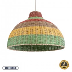 GloboStar® CABALLEROS 02054 Boho Κρεμαστό Φωτιστικό Οροφής Μονόφωτο 1 x E27 AC220-240V IP20 - Φ70 x Υ48cm - Πράσινο με Κίτρινο και Μπεζ με Κόκκινο Ξύλινο Μπαμπού Πλέγμα Καμπάνα - 5 Χρόνια Εγγύηση
