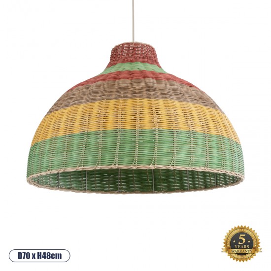 GloboStar® CABALLEROS 02054 Boho Κρεμαστό Φωτιστικό Οροφής Μονόφωτο 1 x E27 AC220-240V IP20 - Φ70 x Υ48cm - Πράσινο με Κίτρινο και Μπεζ με Κόκκινο Ξύλινο Μπαμπού Πλέγμα Καμπάνα - 5 Χρόνια Εγγύηση