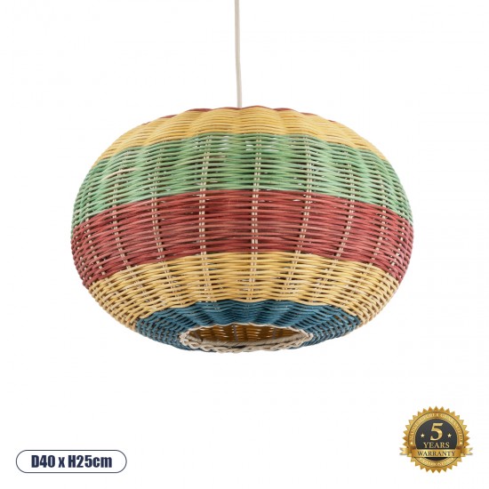 GloboStar® CABALLEROS 02055 Boho Κρεμαστό Φωτιστικό Οροφής Μονόφωτο 1 x E27 AC220-240V IP20 - Φ40 x Υ25cm - Πράσινο με Κίτρινο και Μπλε με Κόκκινο Ξύλινο Μπαμπού Πλέγμα - 5 Χρόνια Εγγύηση