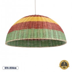 GloboStar® CABALLEROS 02061 Boho Κρεμαστό Φωτιστικό Οροφής Μονόφωτο 1 x E27 AC220-240V IP20 - Φ70 x Υ34cm - Πράσινο με Κίτρινο και Κόκκινο Ξύλινο Μπαμπού Πλέγμα Καμπάνα - 5 Χρόνια Εγγύηση