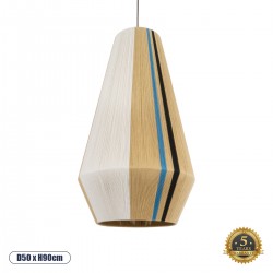 GloboStar® SALERNO 02079 Boho Κρεμαστό Φωτιστικό Οροφής Μονόφωτο 1 x E27 AC220-240V IP20 - Φ50 x Υ90cm - Μπεζ με Λευκό και Γαλάζια με Μαύρη Λεπτομέρεια Λεπτό Νήμα Βαμβακερό Πλέγμα Καμπάνα - 5 Χρόνια Εγγύηση