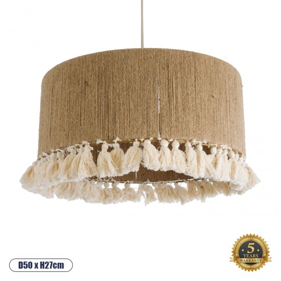 GloboStar® PUERTORICO 02094 Boho Κρεμαστό Φωτιστικό Οροφής Μονόφωτο 1 x E27 AC220-240V IP20 - Φ50 x Υ27cm - Μπεζ με Λευκό Λεπτό Νήμα Πλέγμα Βαμβακερό Καπέλο - 5 Χρόνια Εγγύηση