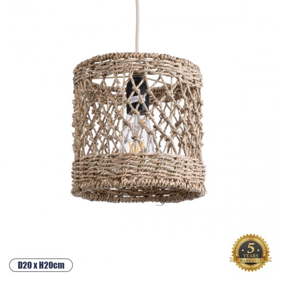 GloboStar® ECUADOR 02120 Boho Κρεμαστό Φωτιστικό Οροφής Μονόφωτο 1 x E27 AC220-240V IP20 - Φ20 x Υ20cm - Μπεζ Seagrass - Φύκι Πλέγμα - 5 Χρόνια Εγγύηση