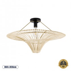 GloboStar® PALERMO 02152 Boho Φωτιστικό Οροφής Μονόφωτο 1 x E27 AC220-240V IP20 - Φ60 x Υ36cm - Μπεζ Ξύλινο Μπαμπού Πλέγμα - 5 Χρόνια Εγγύηση