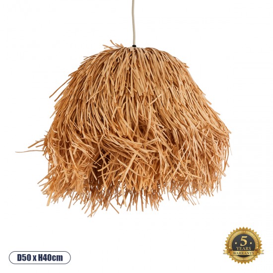 GloboStar® GUADELOUPE 02154 Boho Κρεμαστό Φωτιστικό Οροφής Μονόφωτο 1 x E27 AC220-240V IP20 - Φ50 x Υ40cm - Καφέ Φυσική Ράφια Νήμα Πλέγμα Καμπάνα - 5 Χρόνια Εγγύηση