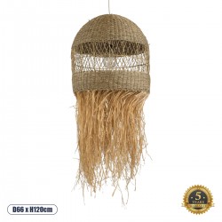GloboStar® SAINTLUCIA 02161 Boho Κρεμαστό Φωτιστικό Οροφής Μονόφωτο 1 x E27 AC220-240V IP20 - Φ66 x Υ120cm - Χακί Σχοινί με Μπεζ Φυσική Ράφια Νήμα Πλεγμα Καμπάνα - 5 Χρόνια Εγγύηση
