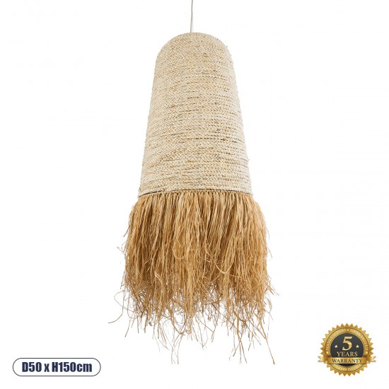 GloboStar® LETA 02171 Boho Κρεμαστό Φωτιστικό Οροφής Μονόφωτο 1 x E27 AC220-240V IP20 - Φ50 x Υ150cm - Μπεζ Φυσική Ράφια Νήμα Πλέγμα Καμπάνα - 5 Χρόνια Εγγύηση
