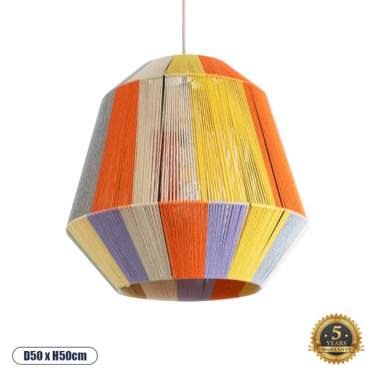 GloboStar® SALERNO 02188 Boho Κρεμαστό Φωτιστικό Οροφής Μονόφωτο 1 x E27 AC220-240V IP20 - Φ50 x Υ50cm - Μπεζ με Λευκό και Γρι με Πορτοκαλί Λεπτό Νήμα Βαμβακερό Πλέγμα Καμπάνα - 5 Χρόνια Εγγύηση