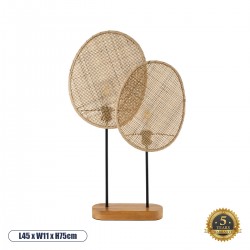 GloboStar® AZUL 02231 Boho Επιτραπέζιο Φωτιστικό Διφωτο 2 x E27 AC220-240V IP20 - Μ45 x Π11 x Υ75cm - Μπεζ Ξύλινο με Μαύρο Μεταλλικό και Μπεζ Ξύλινο Πλέγμα - 5 Χρόνια Εγγύηση