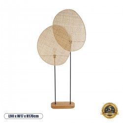 GloboStar® AZUL 02232 Boho Επιδαπέδιο Φωτιστικό Διφωτο 2 x E27 AC220-240V IP20 - Μ90 x Π17 x Υ170cm - Μπεζ Ξύλινο με Μαύρο Μεταλλικό και Μπεζ Ξύλινο Πλέγμα - 5 Χρόνια Εγγύηση