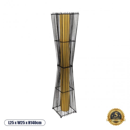 GloboStar® PALMA 02274 Boho Επιδαπέδιο Φωτιστικό Δίφωτο 2 x E27 AC220-240V IP20 - Μ25 x Π25 x Υ140cm - Μαύρο Ξύλινο Μπαμπού Πλέγμα με Μπεζ Ύφασμα - 5 Χρόνια Εγγύηση
